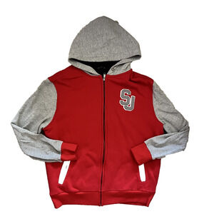Men's Large Sean John Varsity Red Gray Jacket Cotton Fuzzy Interior Heavy Cozy